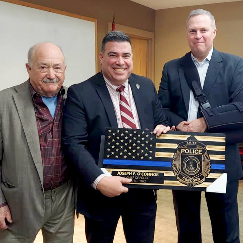 Select Board Member Henry Dane presented a proclamation thanking Police Chief Joseph O’Connor for his service. Detective Keith Harrington of the Concord Police Relief Association presented a specially designed wall hanging bearing the Concord police badge.